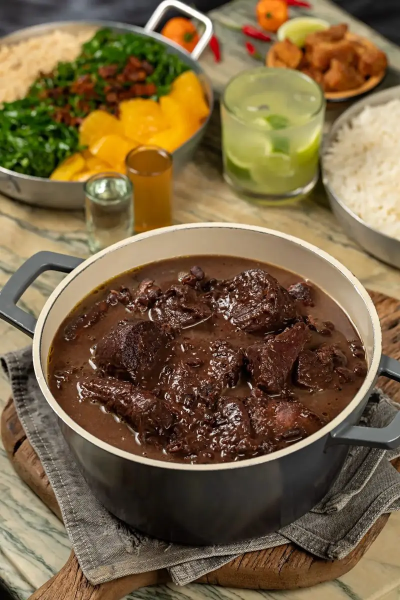 Academia da Cachaça feijoada with complete sides — rice, collard greens, farofa and orange