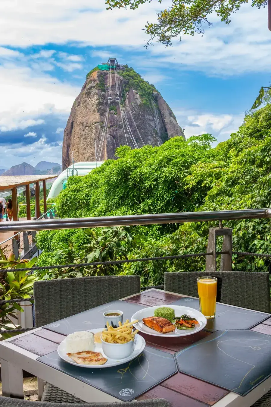 Salmón a la plancha con arroz y jugo de naranja, con el Pan de Azúcar y el teleférico al fondo — almuerzo en Embaixada Carioca, Morro da Urca